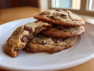 A stack of soft banana bread chocolate chip cookies, one broken open showing gooey melted chocolate chips.