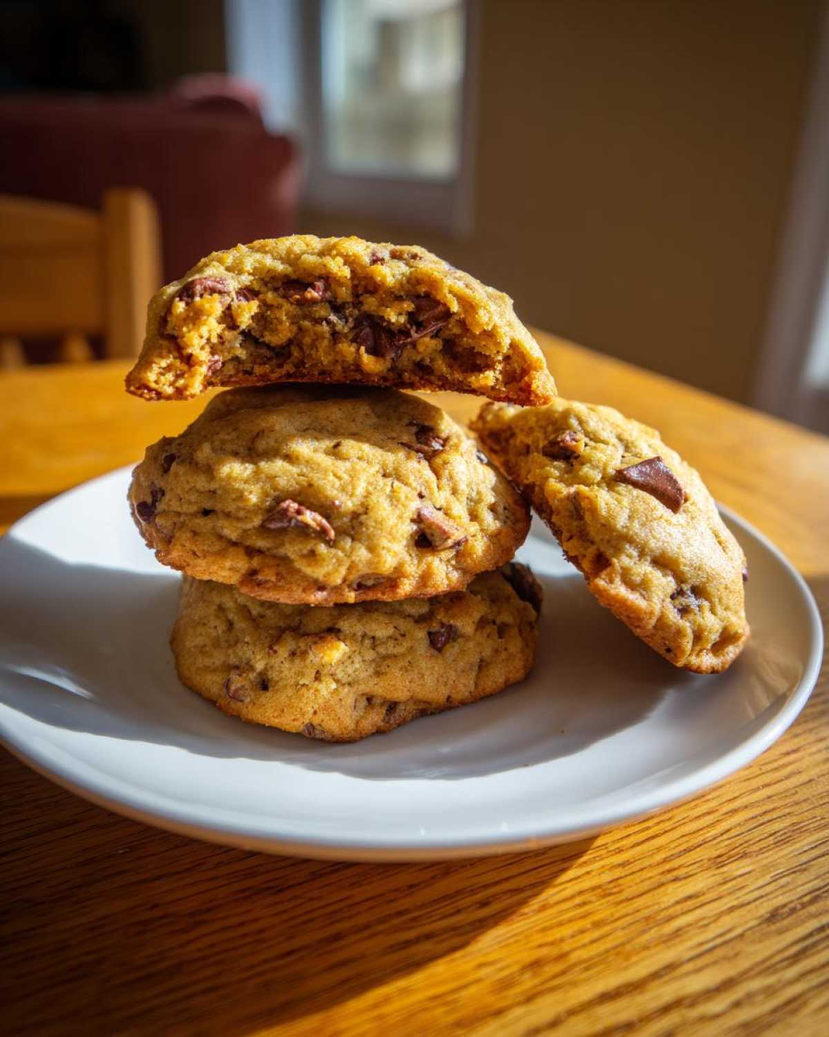 A stack of three soft banana bread chocolate chip cookies on a white plate, with the top one broken open to show the gooey center.