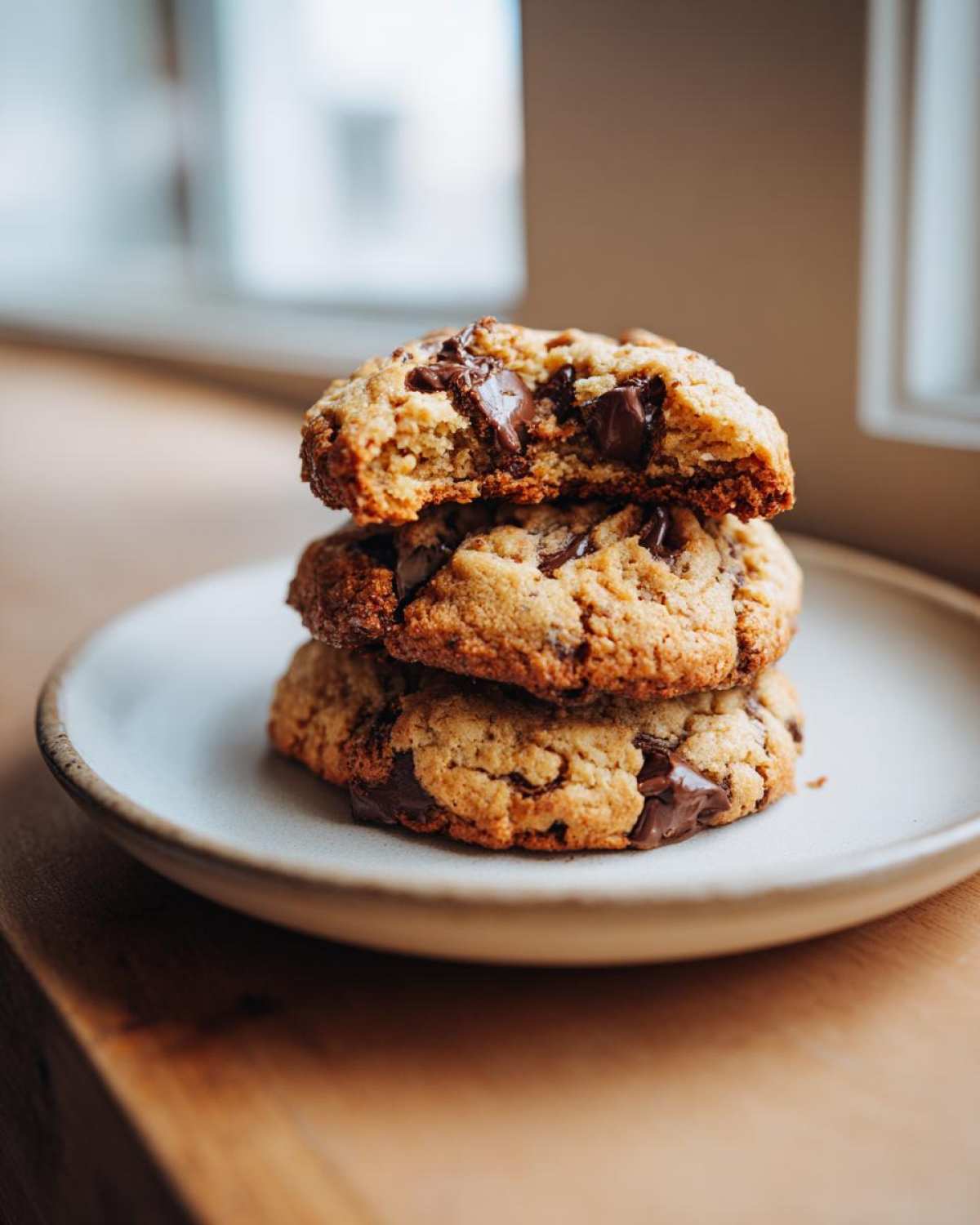 Three delicious banana bread chocolate chip cookies stacked on a small plate, one broken open showing melted chocolate.