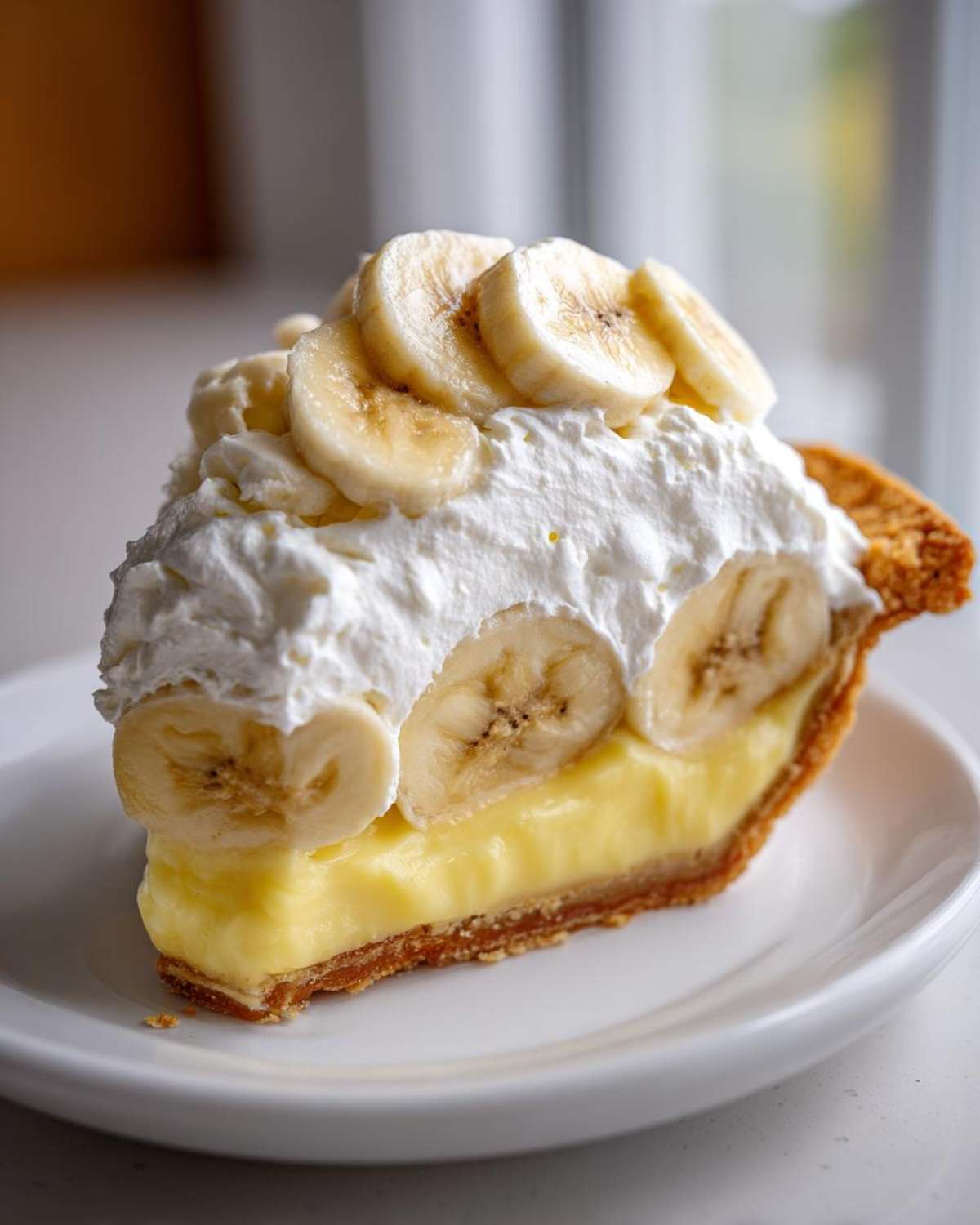 A perfect slice of banana cream pie recipe featuring a thick custard layer, whipped cream, and fresh banana slices.