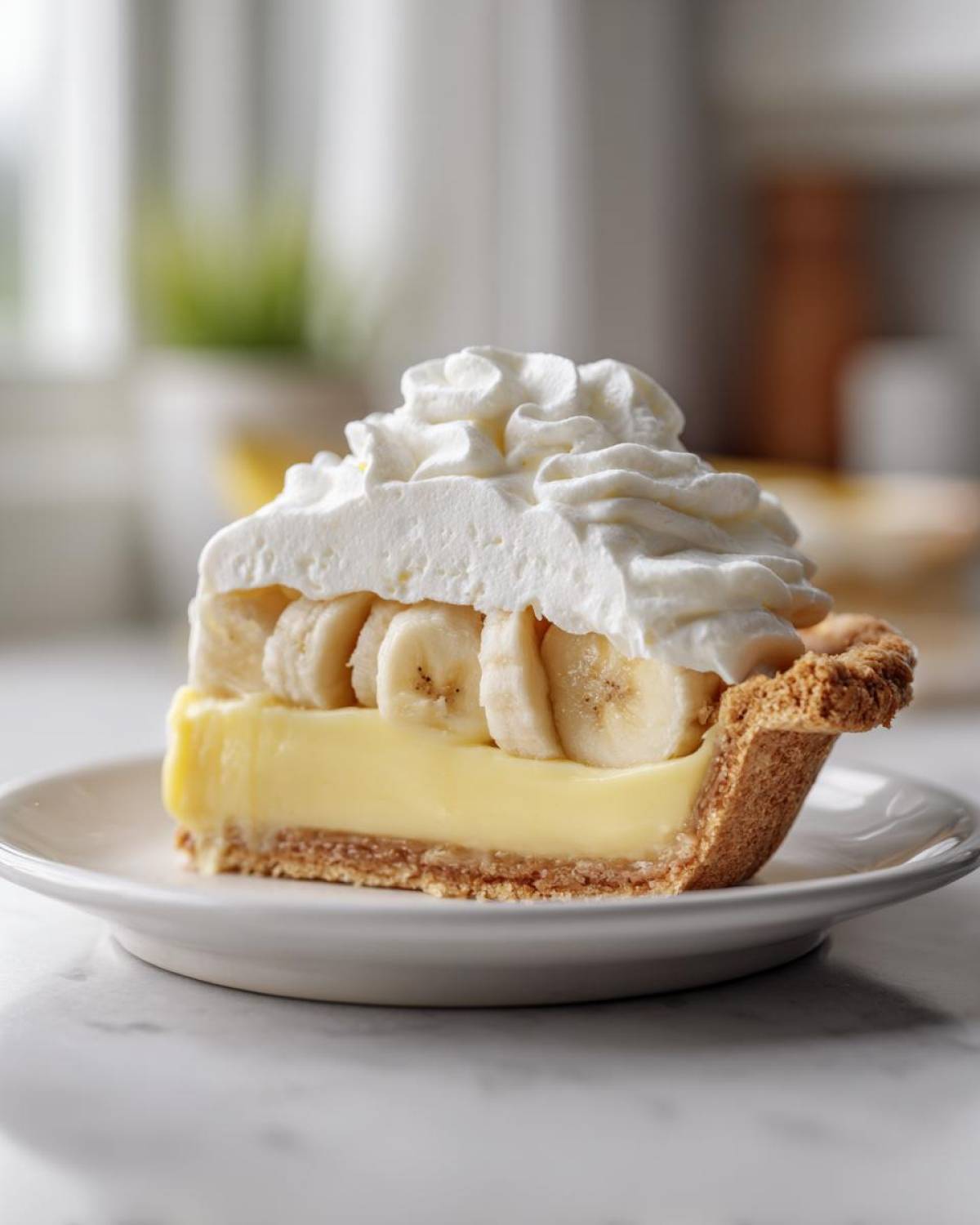 A perfect slice of banana cream pie recipe featuring a graham cracker crust, thick vanilla custard, sliced bananas, and whipped cream.