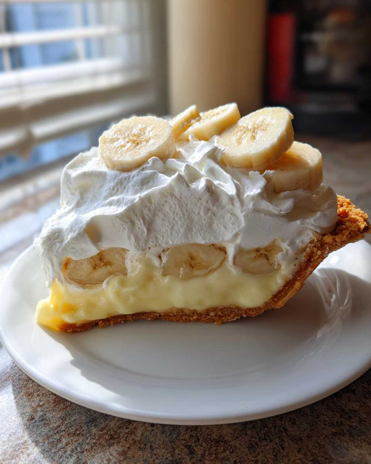A tall slice of banana cream pie recipe featuring a graham cracker crust, creamy filling, whipped cream, and fresh banana slices.