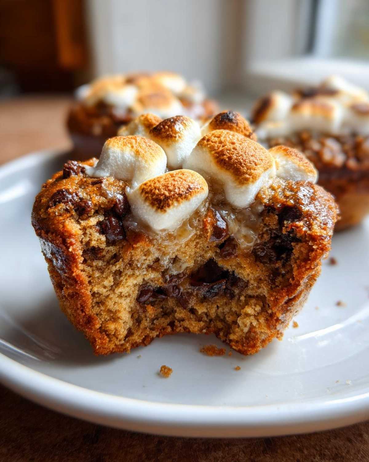 Close-up of a banana s'mores muffins with a bite taken out, revealing chocolate chips and gooey center, topped with toasted marshmallows.