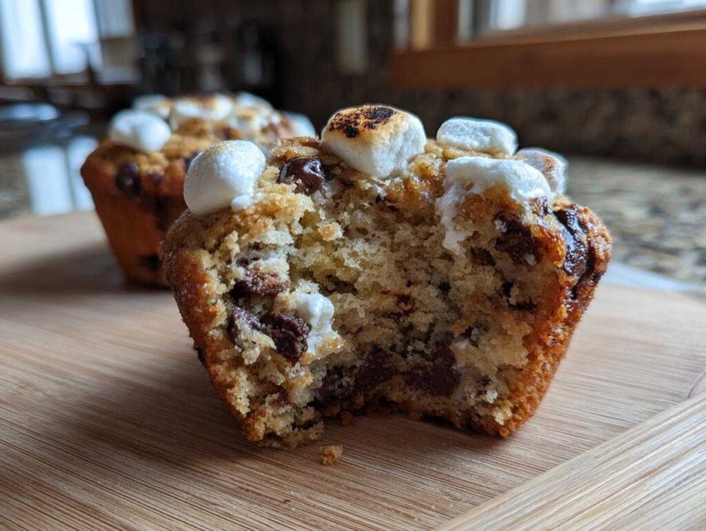 Close-up of a banana s'mores muffin cut in half, showing chocolate chips and toasted marshmallow topping.