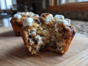 Close-up of a banana s'mores muffin cut in half, showing chocolate chips and toasted marshmallow topping.