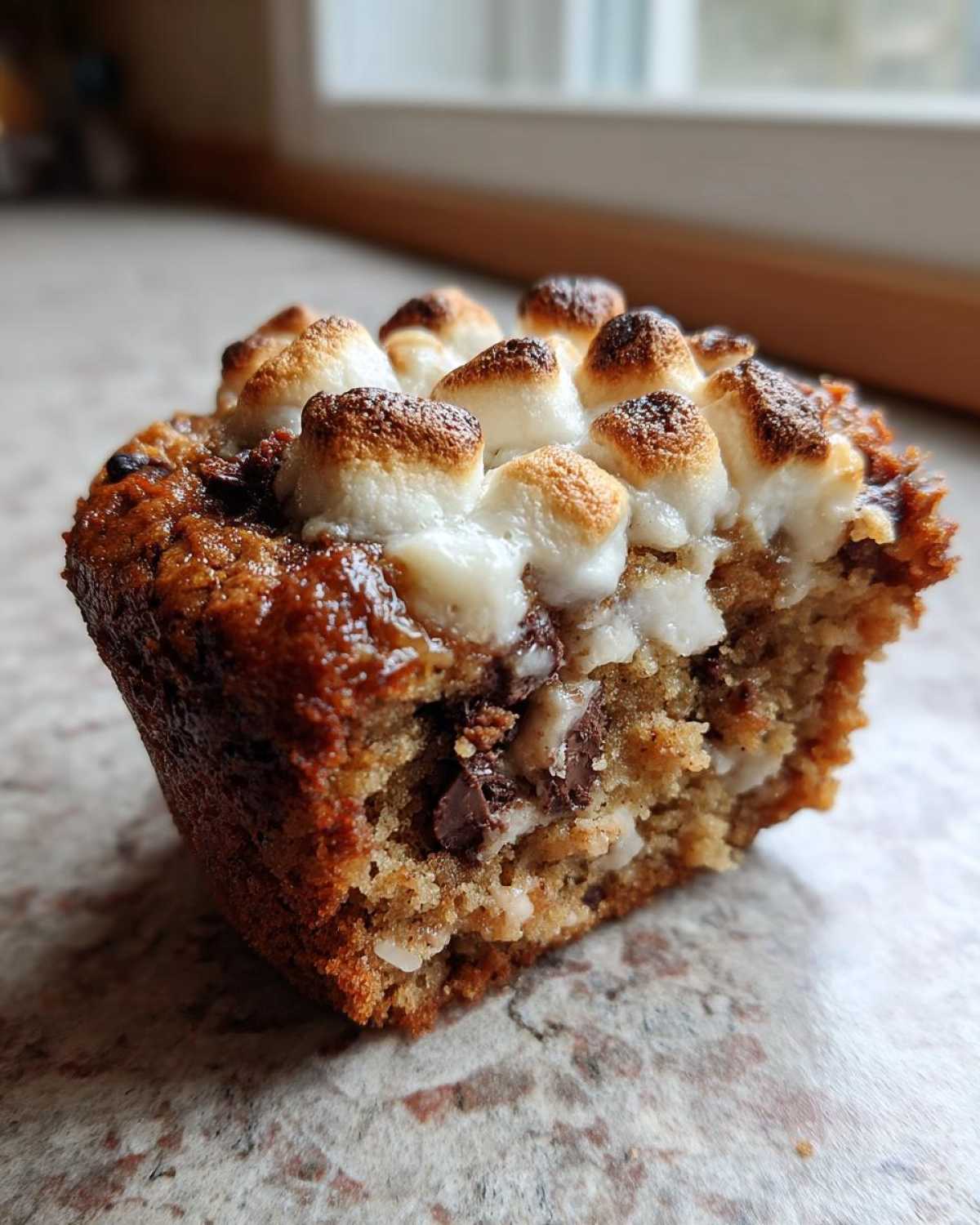 A close-up, cross-section view of a banana s'mores muffin topped with perfectly toasted marshmallows and melted chocolate chips.