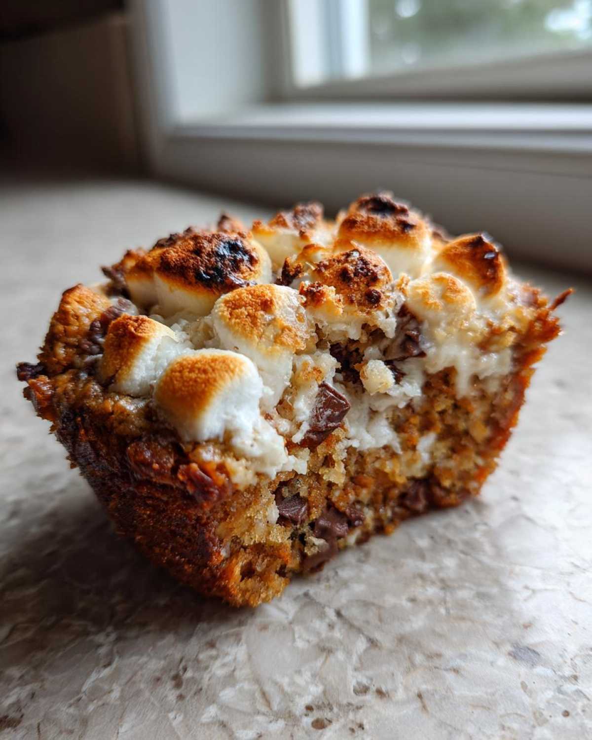 A close-up of a single banana s'mores muffin showing the toasted marshmallow topping and chocolate chips inside.
