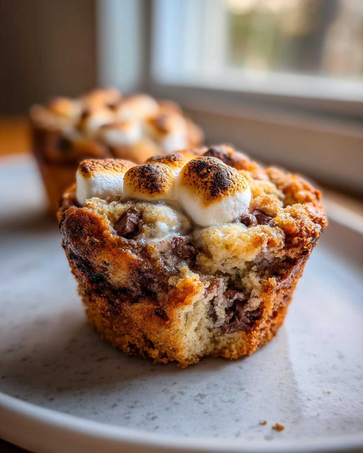 A close-up of a delicious banana s'mores muffin with a bite taken out, topped with gooey, toasted marshmallows.