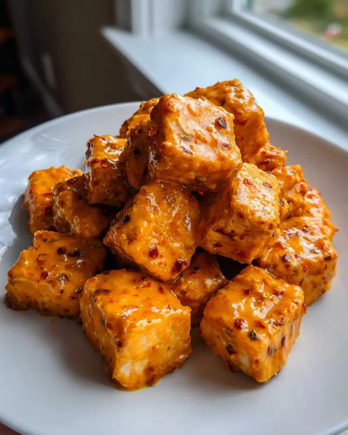 Close-up of cubed salmon pieces generously coated in bright orange, spicy bang bang salmon sauce, piled on a white plate.