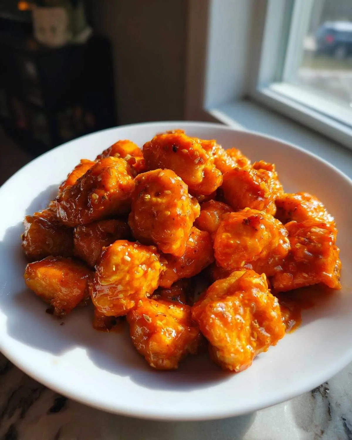 A white bowl filled with glistening, orange-glazed bang bang salmon bites sprinkled with sesame seeds.