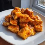 Close-up of crispy, bite-sized pieces of salmon coated in a shiny, orange Bang Bang salmon sauce.