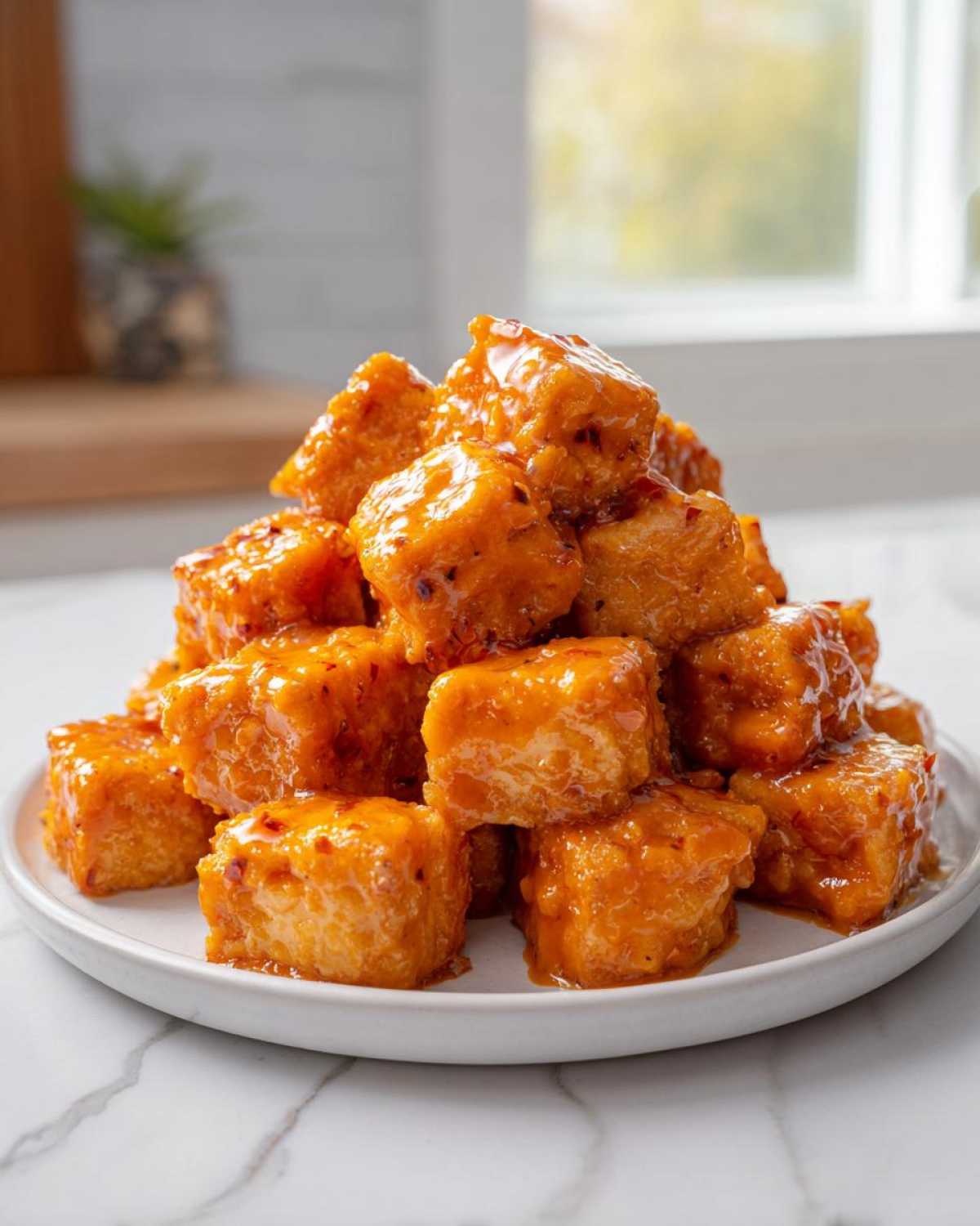 A mound of crispy, bite-sized pieces of salmon coated in a glossy orange sauce, resembling Bang Bang Salmon Bites.