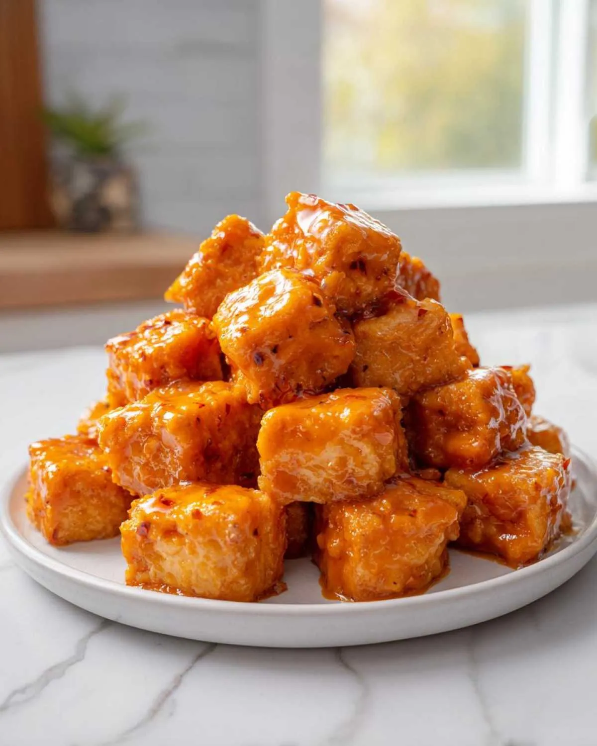 A mound of crispy, bite-sized pieces of salmon coated in a glossy orange sauce, resembling Bang Bang Salmon Bites.