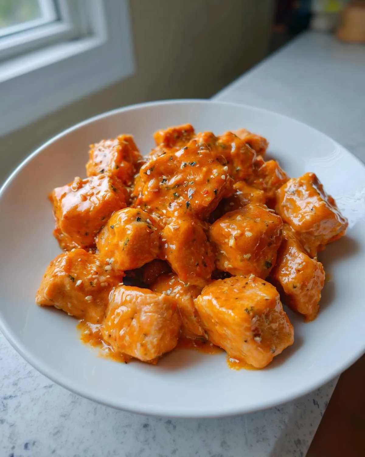 Close-up of cubed salmon pieces coated in a creamy, orange Bang Bang Salmon sauce and sprinkled with sesame seeds.