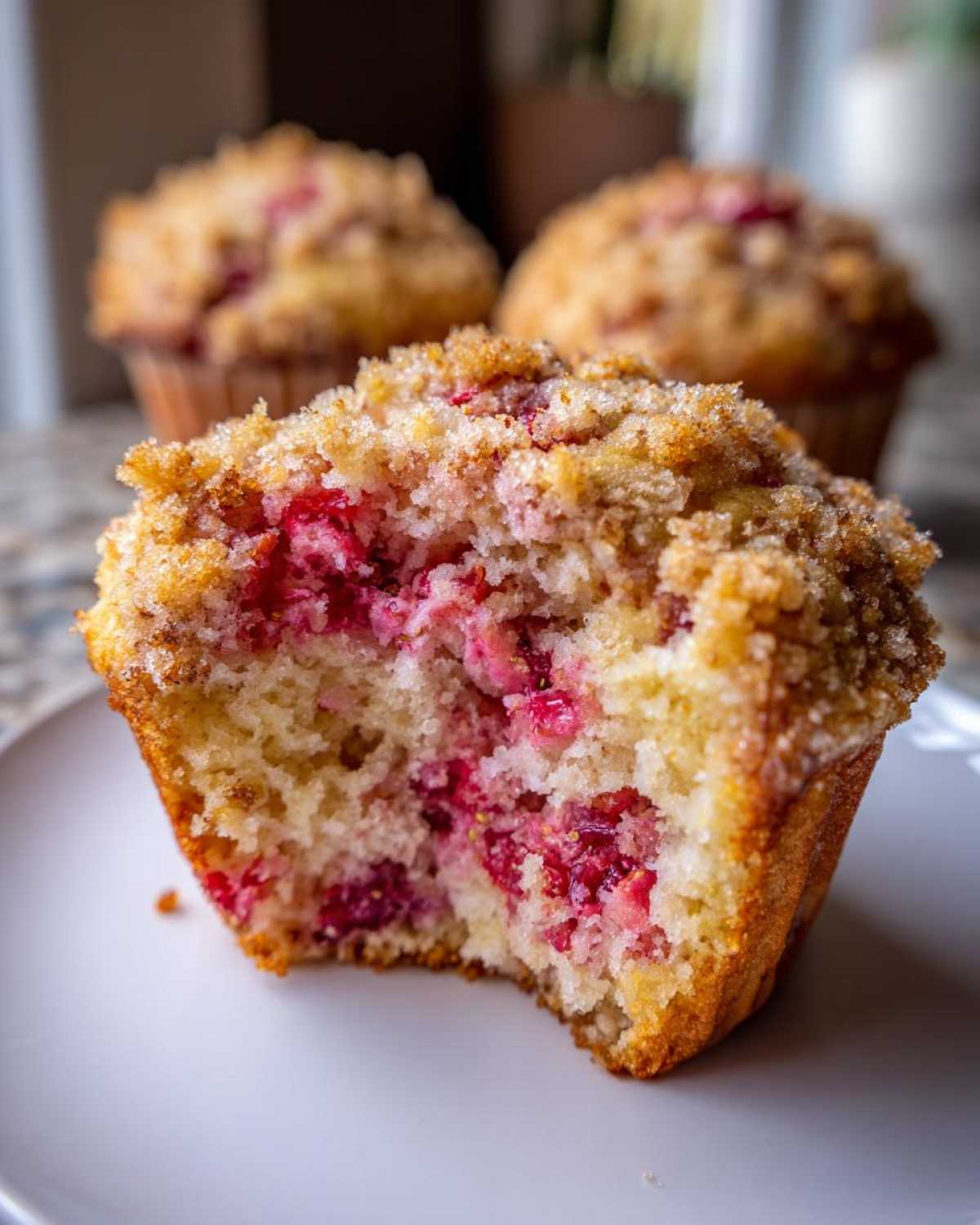 A close-up of a strawberry muffins cut in half showing the moist interior packed with fruit and a sugary crumb topping.