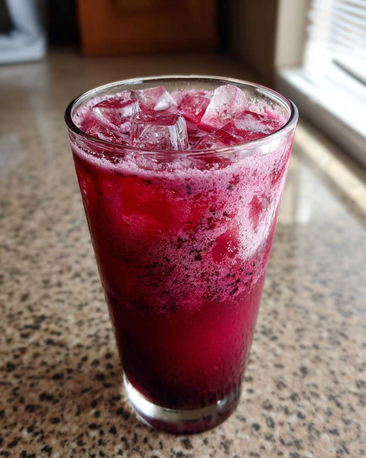 A tall glass filled with a vibrant, magenta blackberry coconut pink drink, topped with ice cubes and foam.