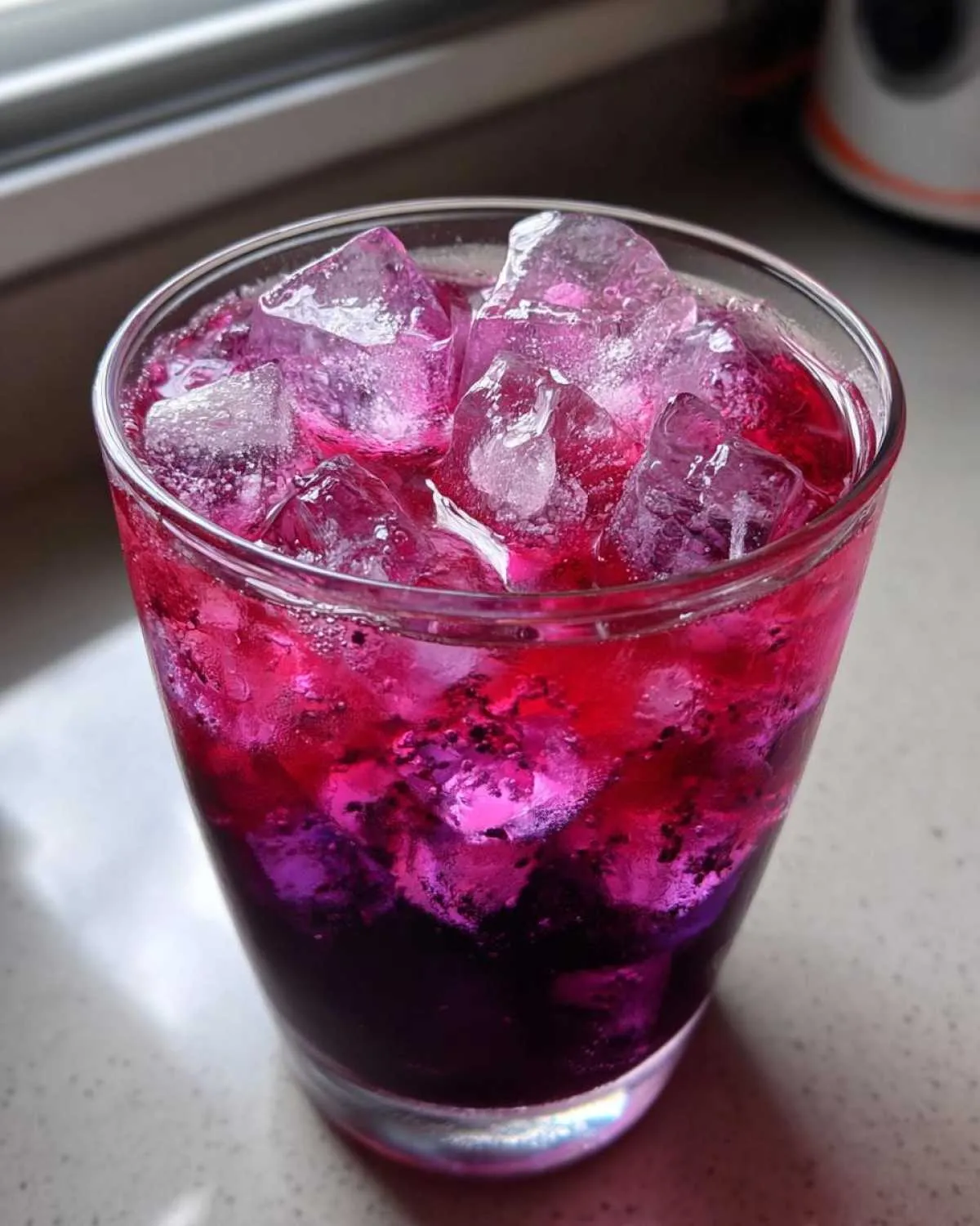 Close-up of a refreshing blackberry coconut pink drink layered with vibrant purple and pink hues over ice cubes.