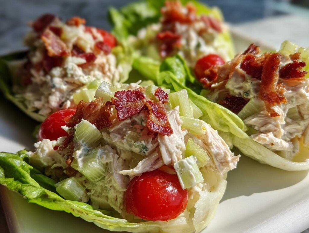 Close-up of blt chicken salad served in crisp lettuce cups, topped with bacon and cherry tomatoes.