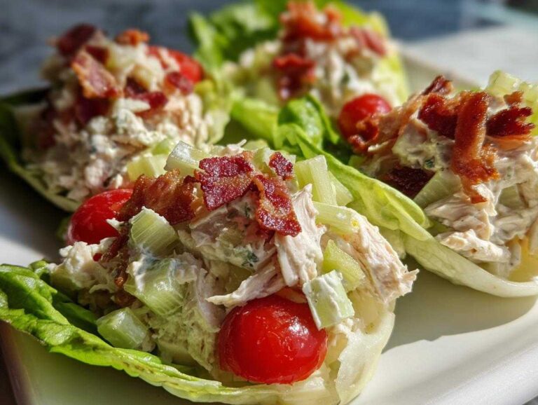 Close-up of blt chicken salad served in crisp lettuce cups, topped with bacon and cherry tomatoes.