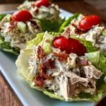 Close-up of blt chicken salad served in crisp lettuce cups, topped with bacon bits and a cherry tomato.