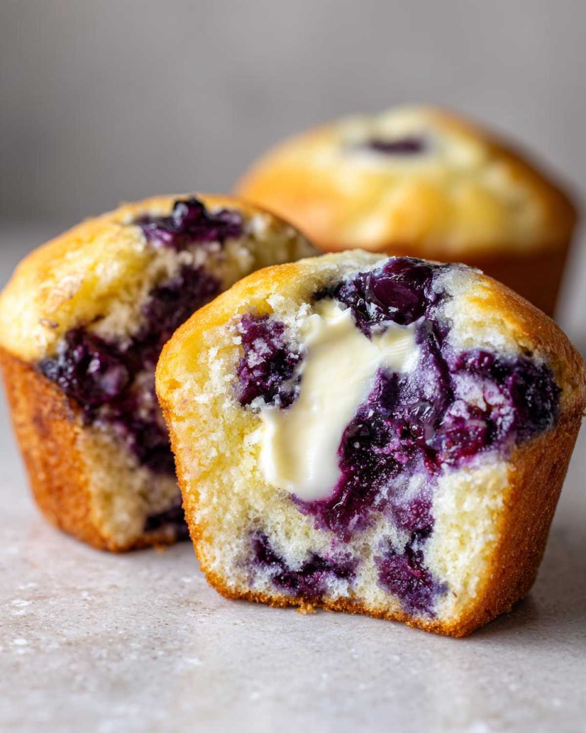 Close-up of a blueberry cream cheese muffin cut in half showing the gooey cream cheese center and burst blueberries.