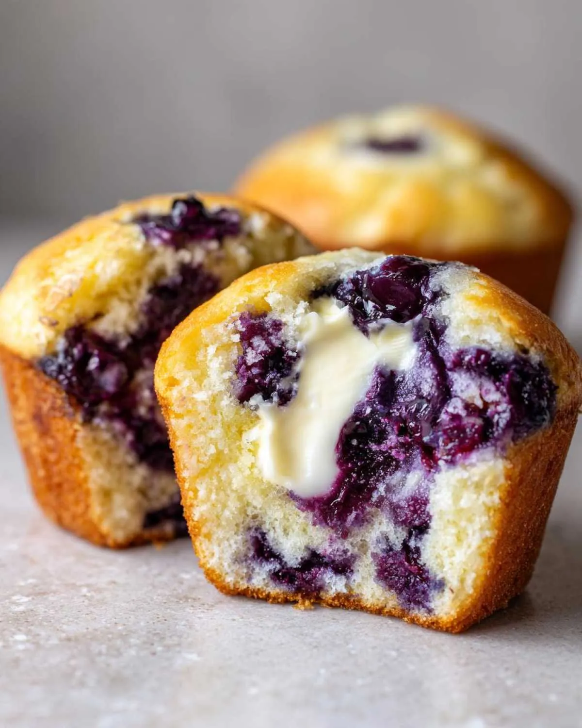 Close-up of a blueberry cream cheese muffin cut in half showing the gooey cream cheese center and burst blueberries.