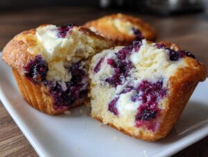 A split blueberry cream cheese muffin showing the moist interior with visible blueberries and cream cheese filling.