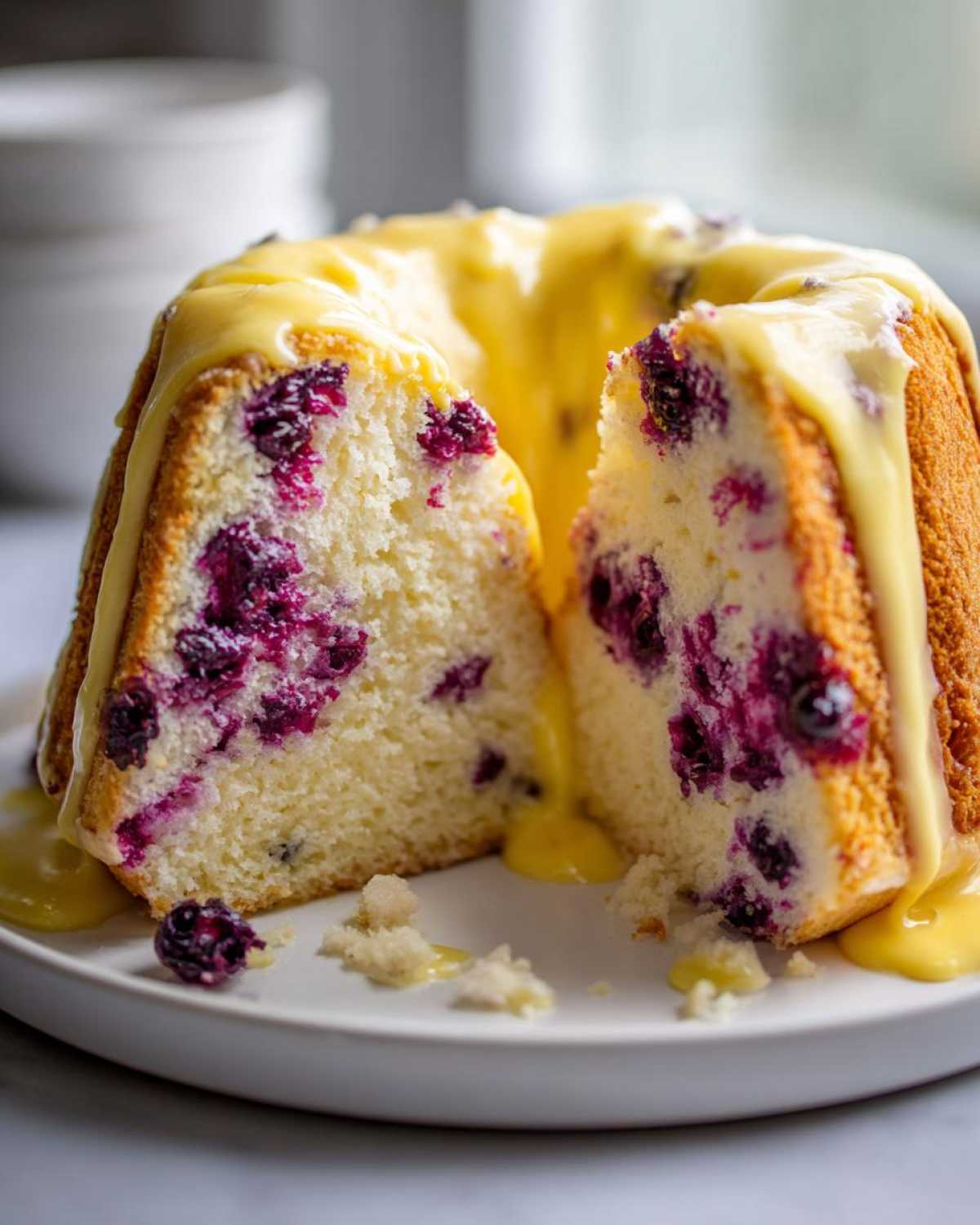 Cross-section of a blueberry lemon angel food cake drizzled with bright yellow lemon glaze.