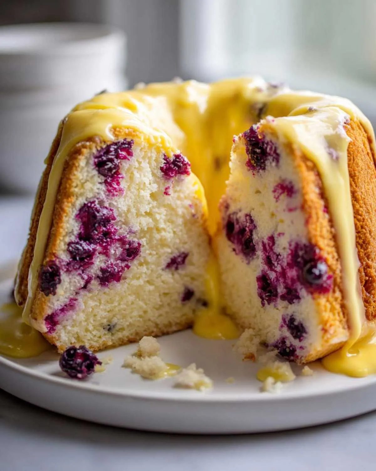 Cross-section of a blueberry lemon angel food cake drizzled with bright yellow lemon glaze.