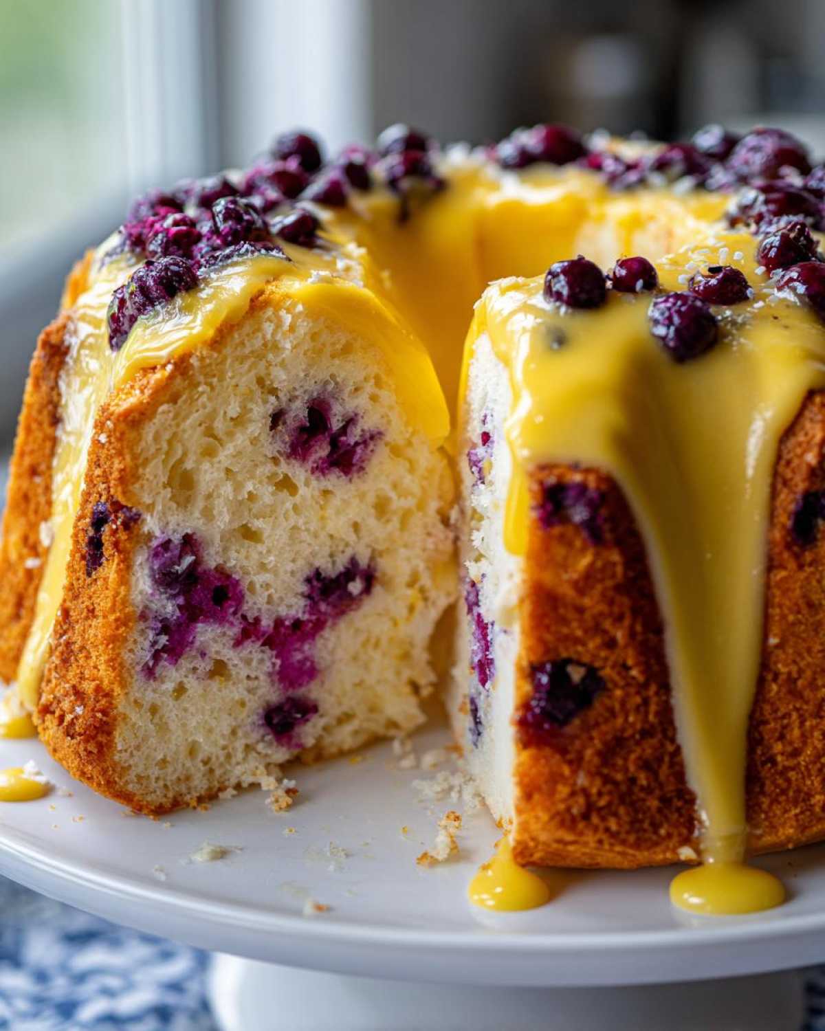 Close-up of a slice cut from a blueberry lemon angel food cake topped with bright yellow lemon glaze and fresh blueberries.