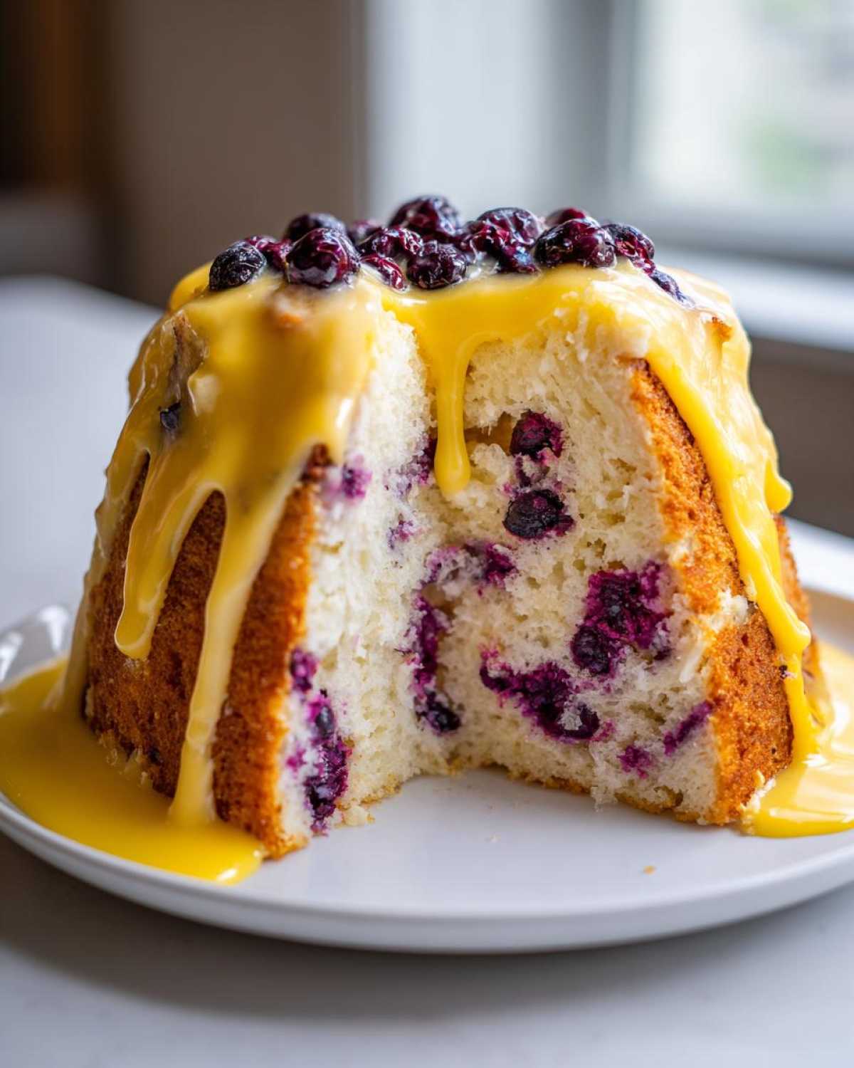 A slice cut from a blueberry lemon angel food cake, topped with bright yellow lemon glaze and fresh blueberries.