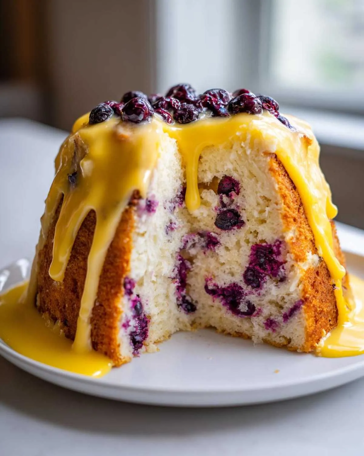A slice cut from a blueberry lemon angel food cake, topped with bright yellow lemon glaze and fresh blueberries.