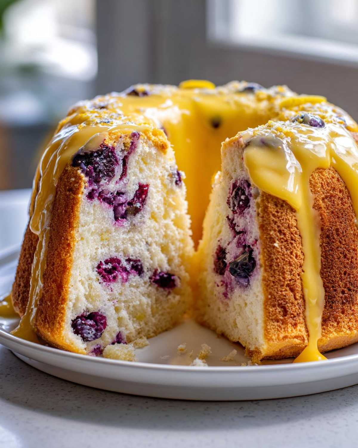 A slice cut from a blueberry lemon angel food cake, revealing the moist interior and topped with thick lemon glaze.