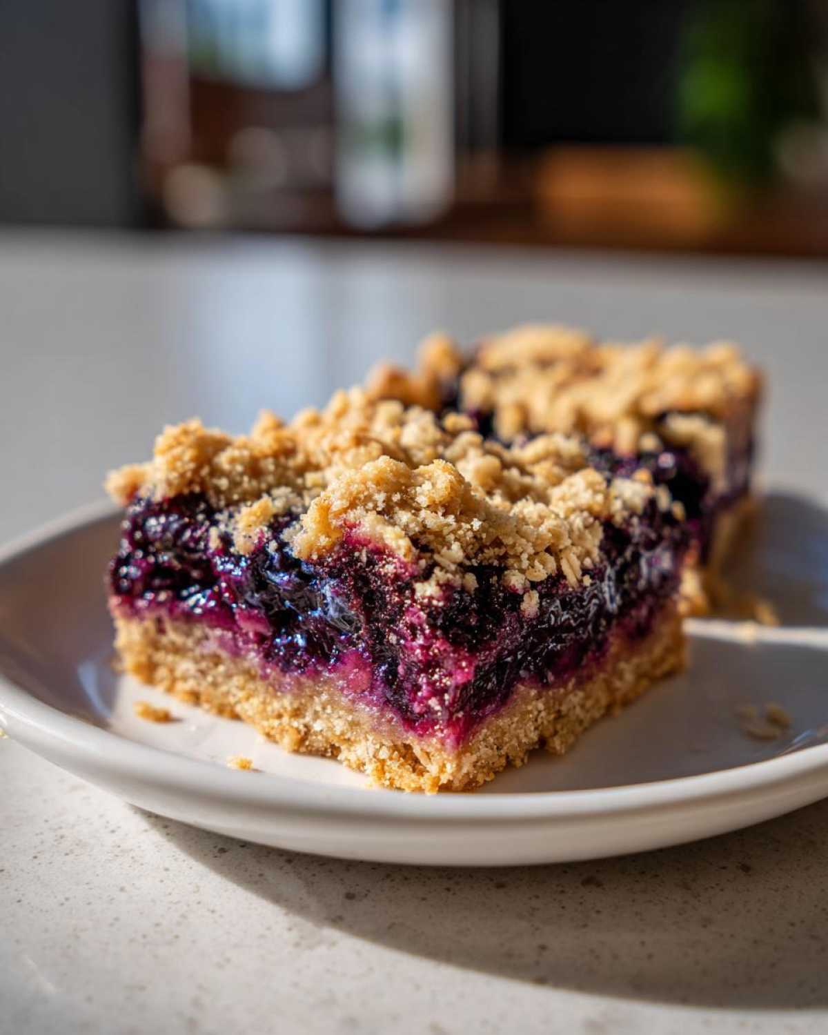 A close-up of two rich, gooey blueberry pie bars with a thick, buttery crust and crumb topping, served on a white plate.