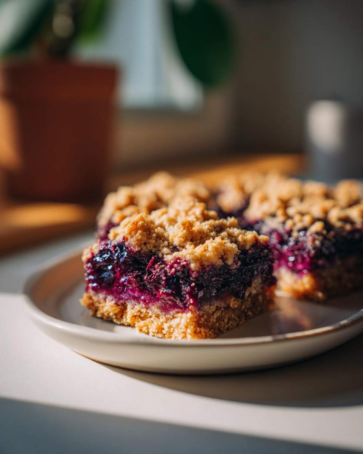 A close-up of two delicious blueberry pie bars with a thick, jammy filling and crumb topping, served on a light plate.
