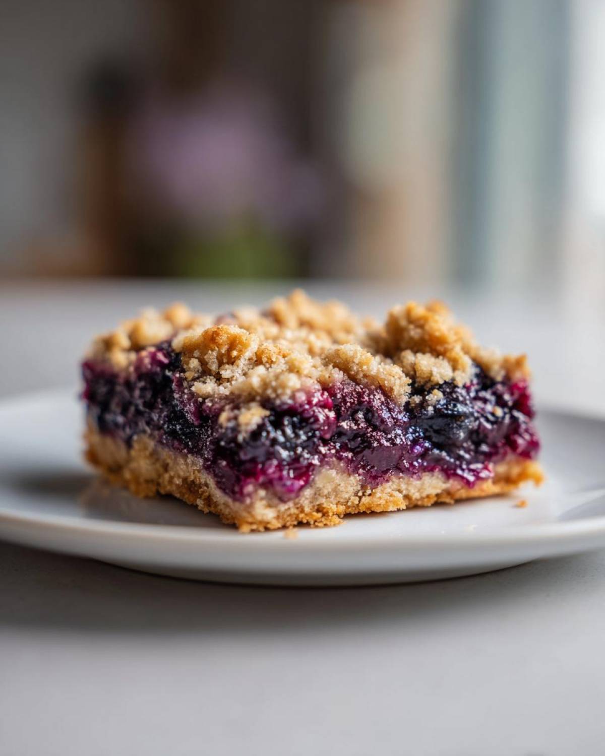 A close-up of a single serving of rich, purple blueberry pie bars with a golden crumb topping on a white plate.
