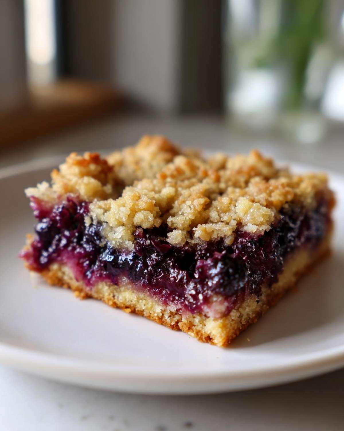 A close-up of a single square of blueberry pie bars with a thick, jammy filling and crumb topping.