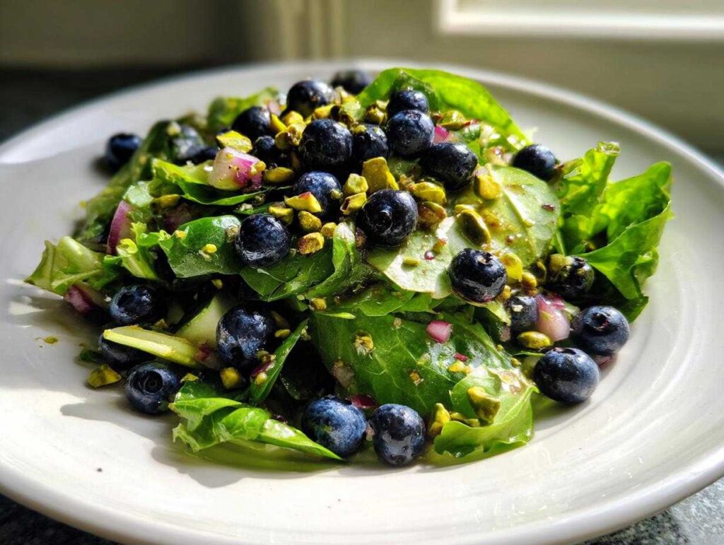 A close-up of a vibrant blueberry pistachio spring salad featuring fresh greens, whole blueberries, and chopped pistachios.
