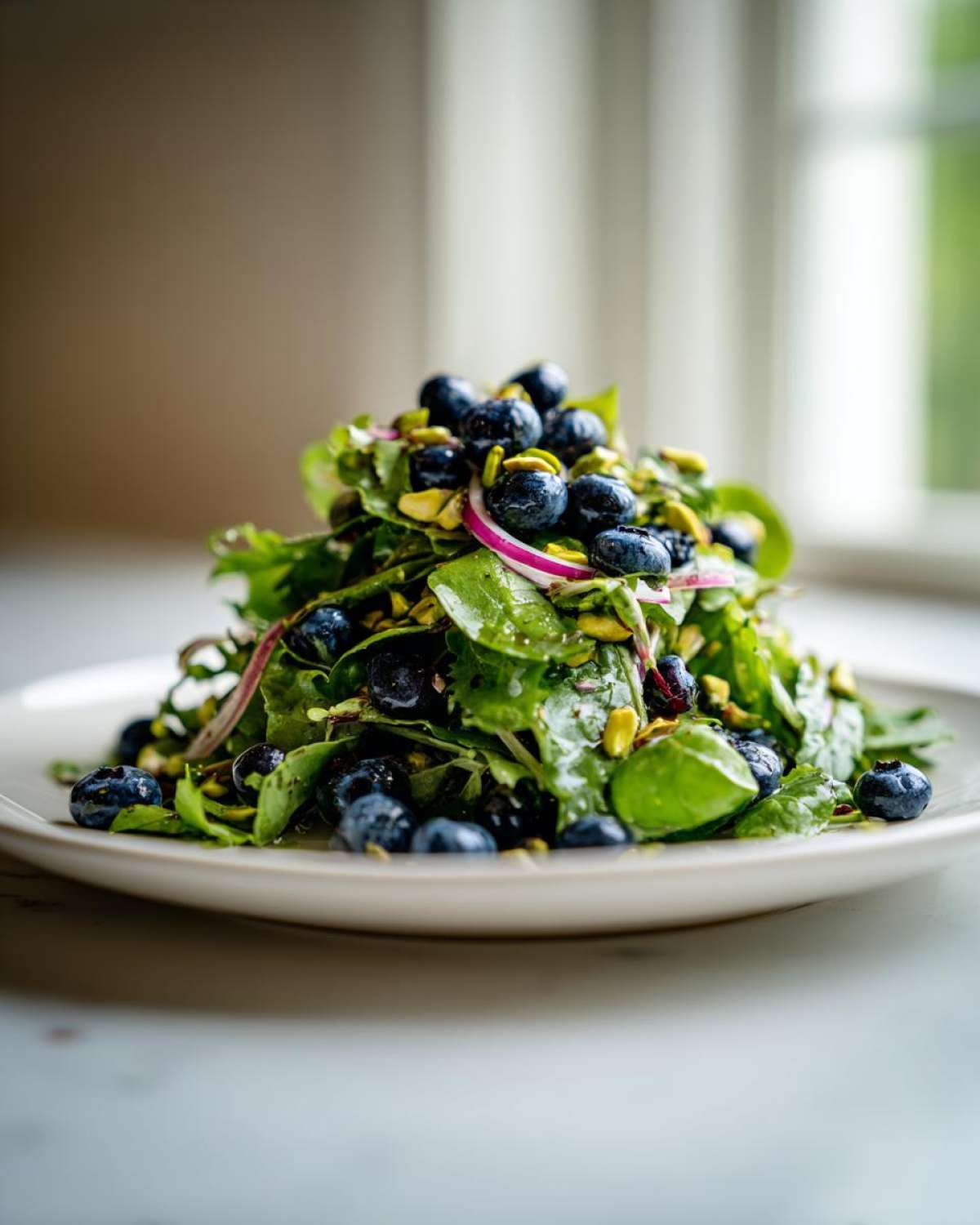 A vibrant mound of blueberry pistachio spring salad featuring mixed greens, fresh blueberries, green pistachios, and red onion slices.