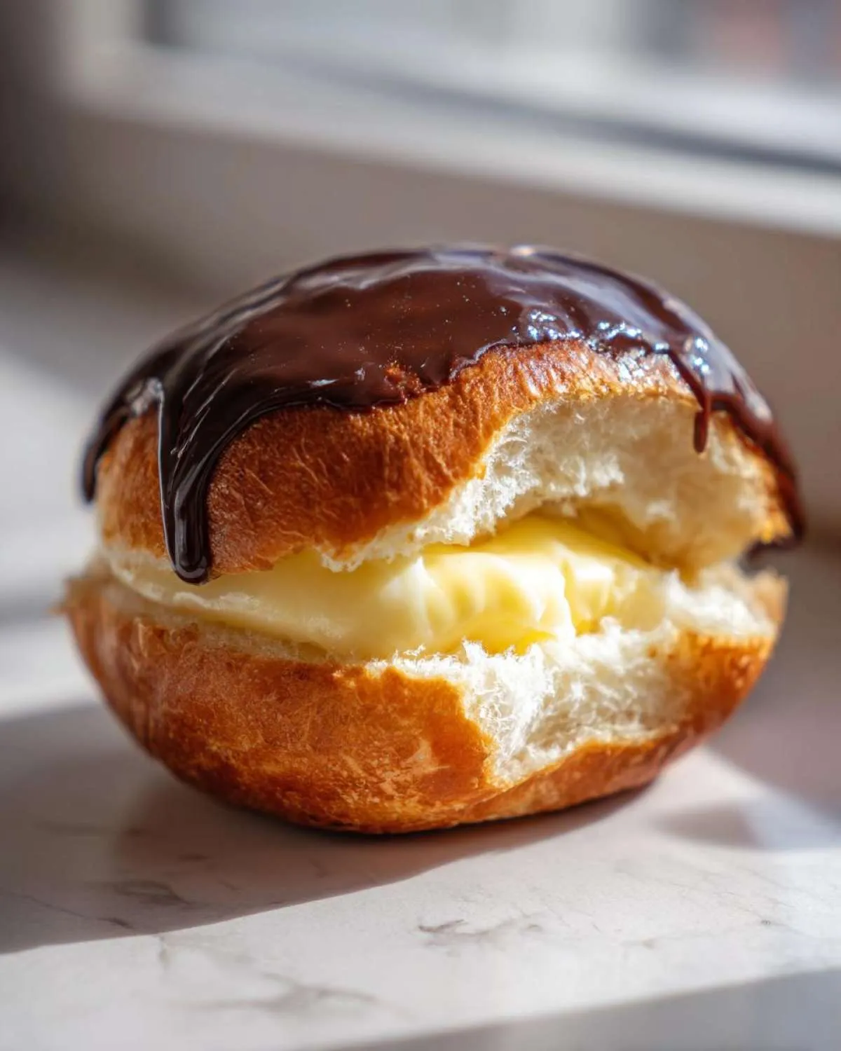 A single boston cream pie stuffed hawaiian rolls, split open to show vanilla cream filling and topped with dripping chocolate glaze.