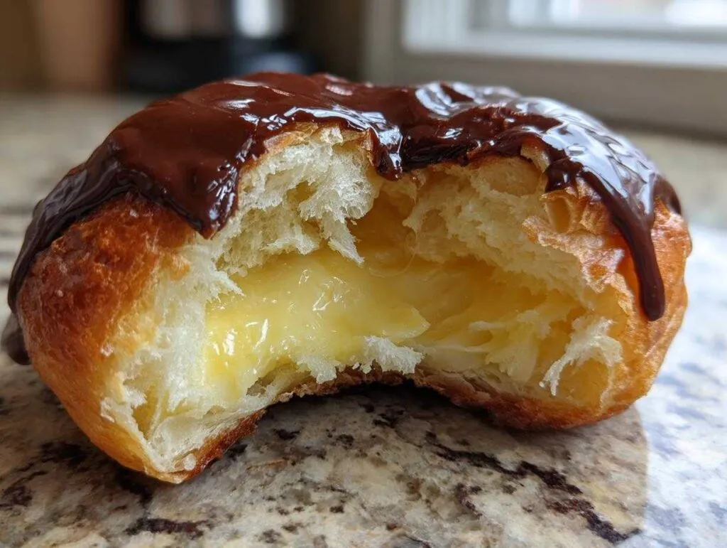 A close-up of a boston cream pie stuffed hawaiian roll, split open to show creamy vanilla filling and chocolate glaze.