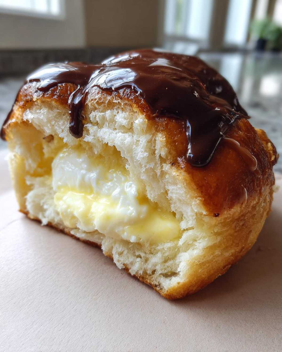 A close-up of a boston cream pie stuffed hawaiian rolls, split open to show creamy filling and chocolate glaze.