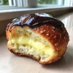 Close-up of a boston cream pie stuffed hawaiian rolls, showing the fluffy interior filled with yellow cream and topped with chocolate glaze.
