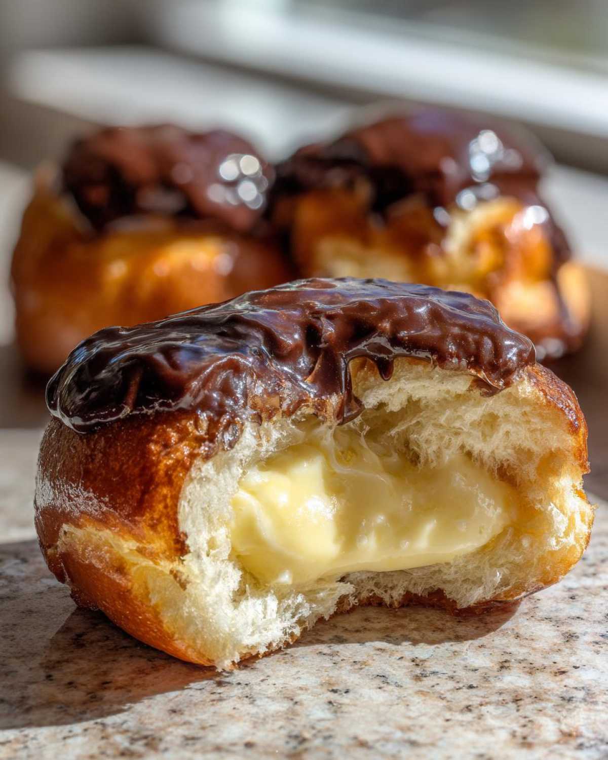 Close-up of a boston cream pie stuffed hawaiian rolls, cut open to show rich vanilla cream filling and chocolate glaze.