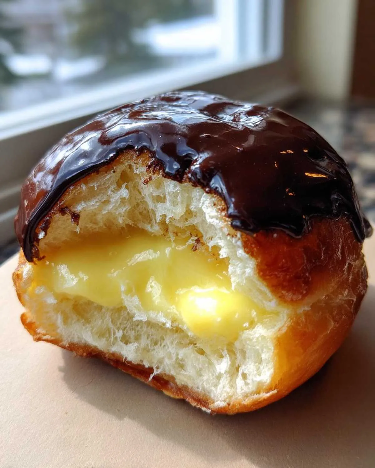 A cross-section of a boston cream pie stuffed hawaiian roll showing fluffy dough, vanilla custard, and chocolate glaze.