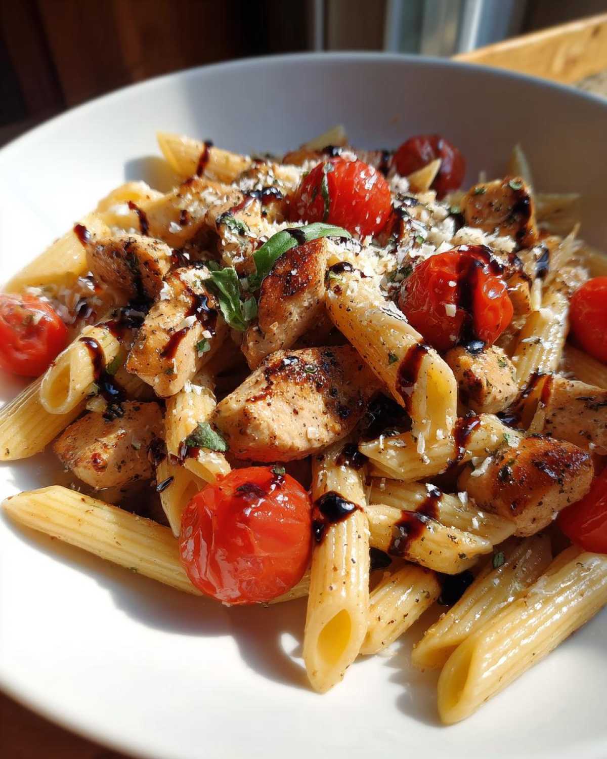 A close-up bowl of bruschetta chicken pasta featuring penne, seasoned chicken pieces, cherry tomatoes, and a balsamic glaze.