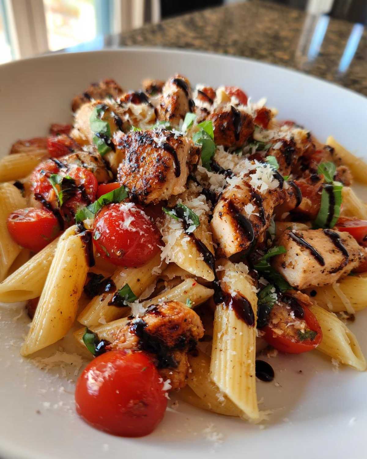A close-up of a serving of bruschetta chicken pasta featuring penne, grilled chicken chunks, cherry tomatoes, and a balsamic glaze drizzle.