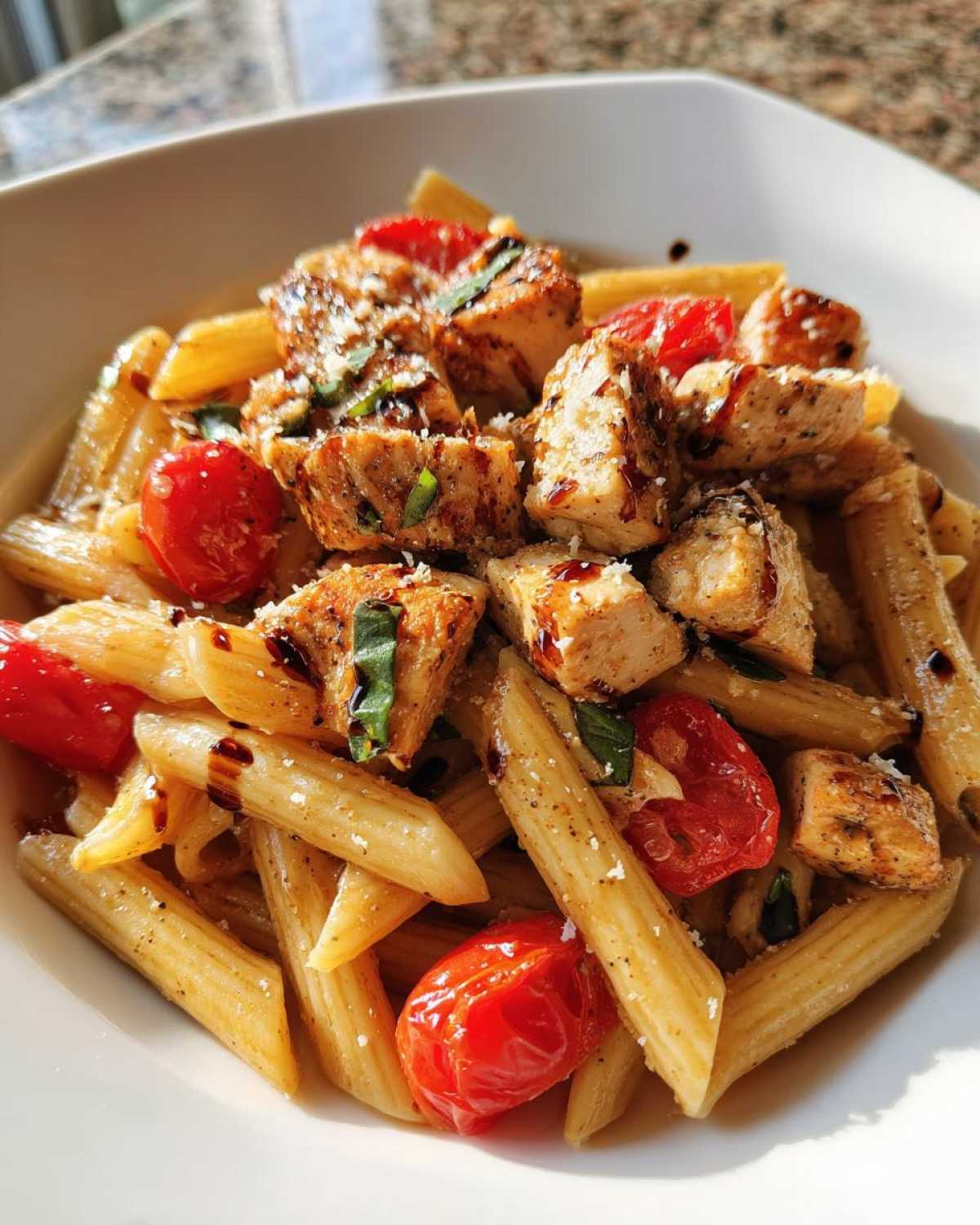 A close-up serving of bruschetta chicken pasta featuring penne, diced seasoned chicken, cherry tomatoes, and a balsamic glaze.