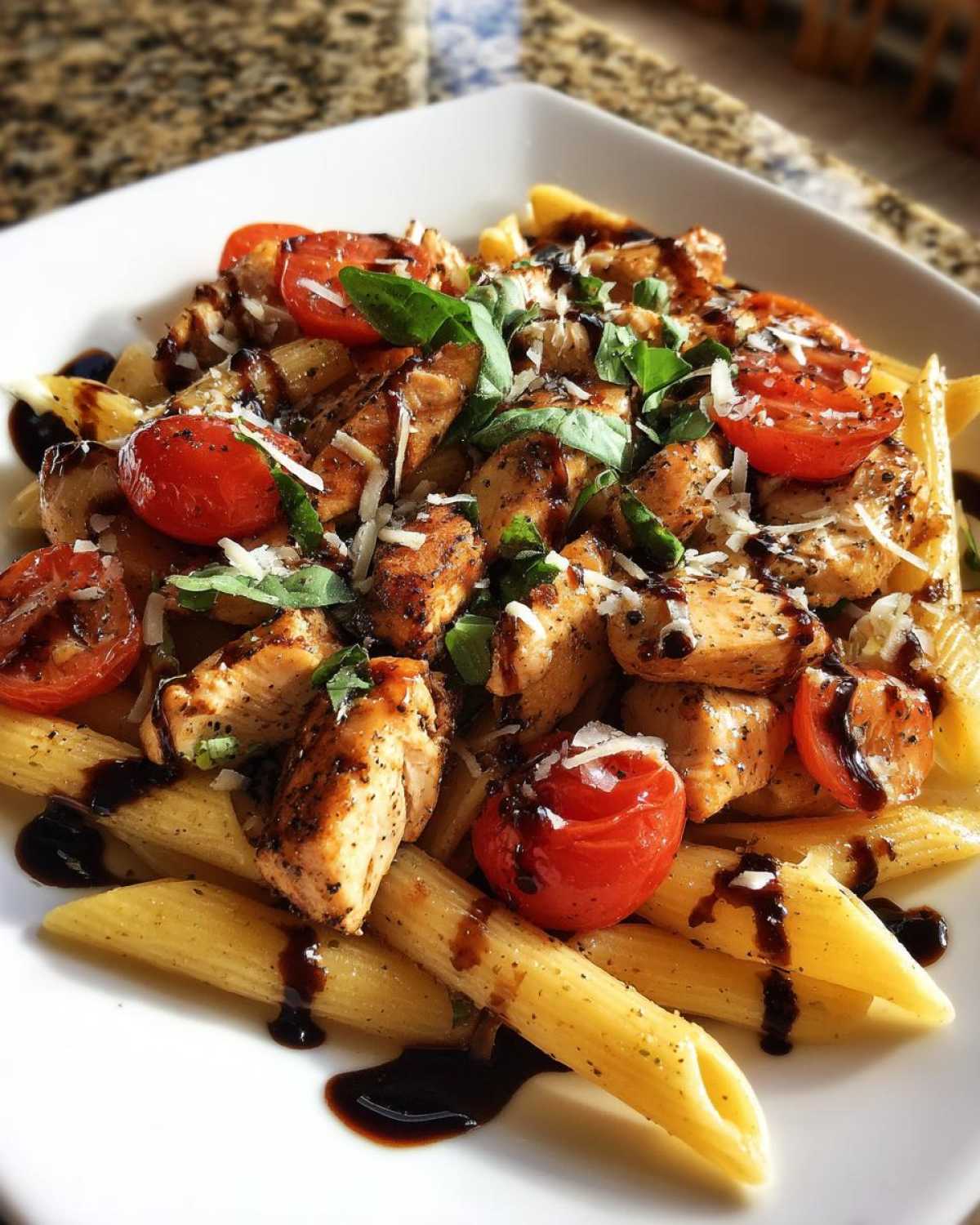 A close-up of bruschetta chicken pasta featuring penne, seasoned chicken pieces, halved cherry tomatoes, and a balsamic glaze.