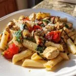 Close-up of a serving of bruschetta chicken pasta featuring penne, seasoned chicken chunks, roasted tomatoes, and basil.